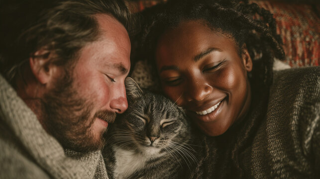 Plus-Size Couple Cuddling on Couch with Cat - Powered by Adobe