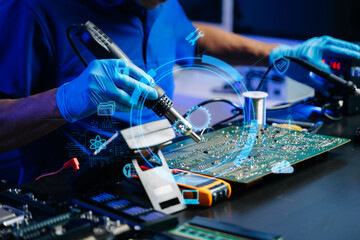 Engineer in gloves repairing a computer motherboard with digital AR icons. Technology, repair,...