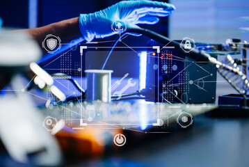 Engineer in gloves repairing a computer motherboard with digital AR icons. Technology, repair,...