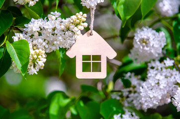 The symbol of the house among the branches of the white lilac
