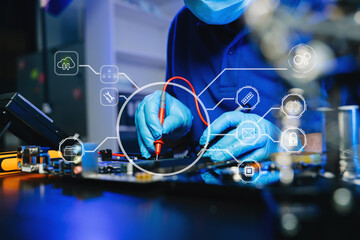 Engineer repairing motherboard with smart AI, cloud, and chip icons. Futuristic tech, hardware, and...