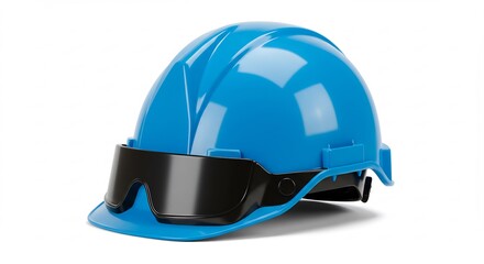 Fototapeta premium Brightly lit blue hard hat safety goggles protect worker. AI Generated