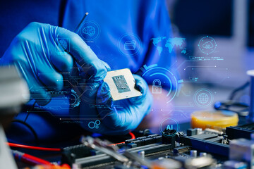 Engineer repairing motherboard with smart AI, cloud, and chip icons. Futuristic tech, hardware, and...