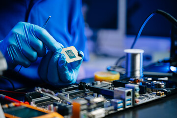Fototapeta na wymiar Technician with gloves installs CPU on motherboard using tools. High-tech computer repair, DIY hardware, and electronics maintenance