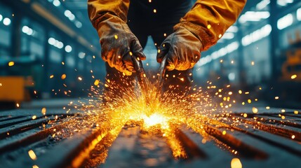 A skilled craftsman engages in welding, creating a flurry of sparks in a workshop, highlighting the intricacies of metalwork and the artistry involved in craftsmanship.