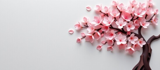 Fototapeta premium Paper cut art concept. Delicate paper cherry blossom tree on a light background.