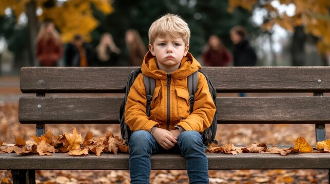 A solemn child sits alone on a park bench surrounded by fallen autumn leaves, conveying a deep sense of contemplation and solitude in a beautiful setting.