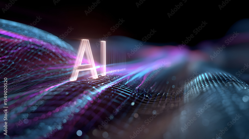 Poster ai technology and digital waves: a dynamic visualization of artificial intelligence, illuminated aga