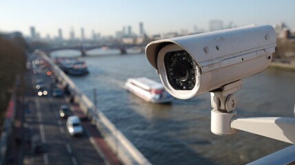 Stunning photo of security camera positioned at the top of a bridge, capturing the view of vehicles passing below and the river beyond.