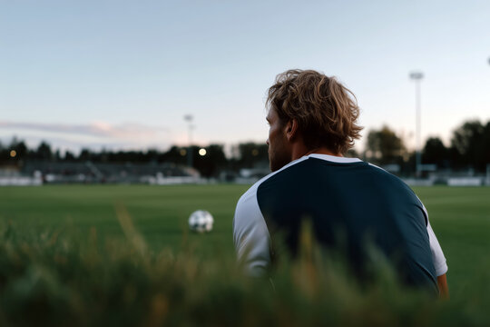 Focused male soccer player with man bun sitting on football field during golden hour, thoughtful athlete portrait at dusk