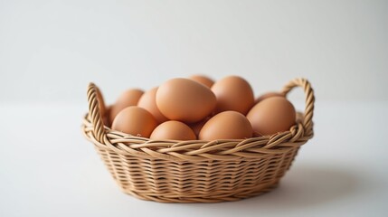 Wicker basket filled with fresh brown eggs, showcasing rustic charm and natural simplicity on a plain background. AI generated.
