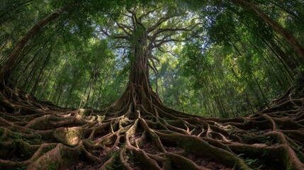 A towering ancient tree stands proudly amidst a thick tropical rainforest, its wide roots intertwining with the forest floor