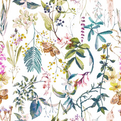 Floral botanical seamless pattern with wild flowers, branches with leaves painted in watercolor. Seamless repeating wallpaper with plants and butterfly on a white background.