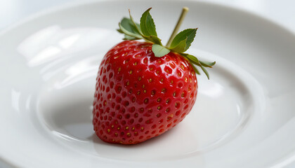 plump, vibrant red strawberry, glossy surface, lush green leaves, minimalist white plate background, macro shot, high quality, photorealistic, 4K and HD image
