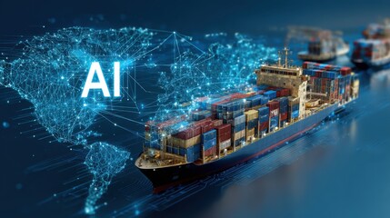 Obraz premium Stunning photo of aI and global logistics concept with world map, supply chain network, and container ship for import-export.
