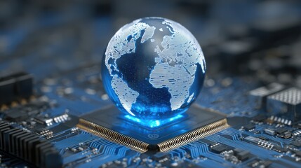A transparent globe resting on a circuit board highlights the intricate relationship between technology and global communication