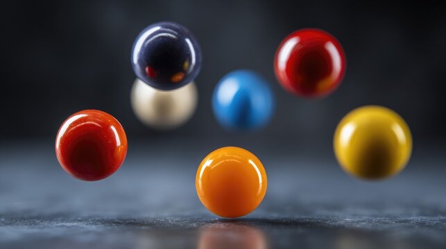 Colorful bouncing balls in mid-aidemonstrating gravity andmotion dynamics, physicsconcept of elasticity and kineticenergyin action.
