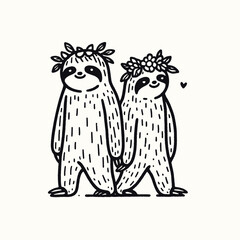 sloth couple wear flower crown Walking together. Valentine Love Romance Cupid February Clipart Line Art Vector Illustration. Slow animal pair with bloom halo stroll side-by-side joint.