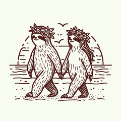sloth couple wear flower crown Walking on the beach. Valentine Love Romance Cupid February Clipart Line Art Vector Illustration. Slow mates adorn blossom garland strolling shore a seaside.