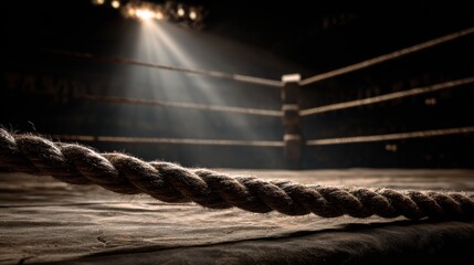 Stunning photo of arena Ring Boxing box sport fight rope night spotlight spotlit view post shot studio match top 1 dark stage wrestling dramatic amphitheatre professional.