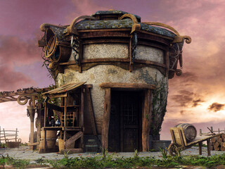 Fantasy fairy hut on a green meadow, with wooden door, barrels and tree logs, at sunset.  Image made with 3d resources and painted elements. No AI used.