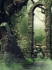 Ruins of a fantasy stone castle in a dark old forest, with a stone arch and stairs.  Image made with 3d resources and painted elements. No AI used.
