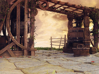 Fantasy wooden patio with vines at sunset near a fairy cottage.  Image made with 3d resources and painted elements. No AI used.
