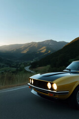 Naklejka premium Vintage yellow sports car parked in urban street at dusk, close-up front headlight view of retro vehicle