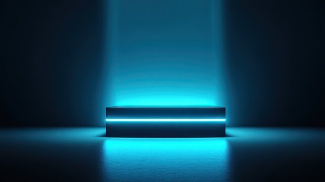 Stunning photo of background podium 3D light neon blue platform stage product abstract. Scene background 3D podium dark pedestal room glow studio empty stand floor night modern.