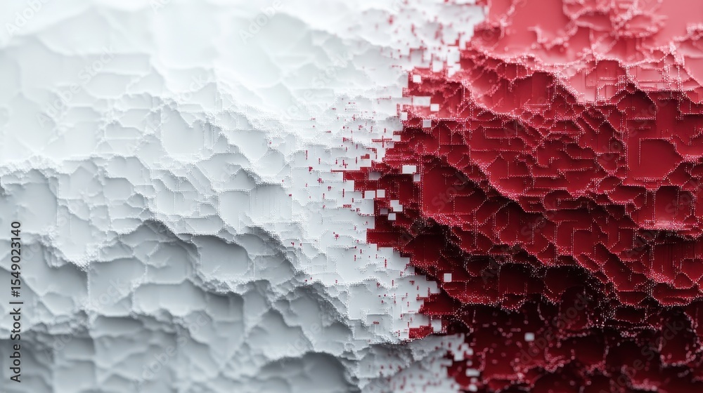 Poster an abstract composition featuring dynamic patterns in red and white, creating a textured surface tha
