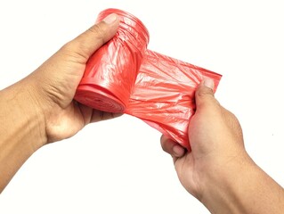 Man hand holding a roll of plastic bag isolated on white background 
