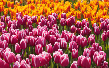 Field vibrant pink tulips foreground, bright orange tulips background creating beautiful floral pattern. Sunny day highlights delicate petals. Natural beauty, springtime abundance.