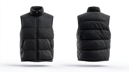 Naklejka premium Stunning photo of black puffer vest mockup. Front, back views. Urban style. Versatile design. Suitable for different seasons. Used for fashion, outdoor activities brand.
