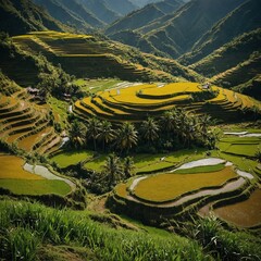 Capture the vibrant colors and quiet rhythm of rice terraces carved into the hills of a tropical countryside