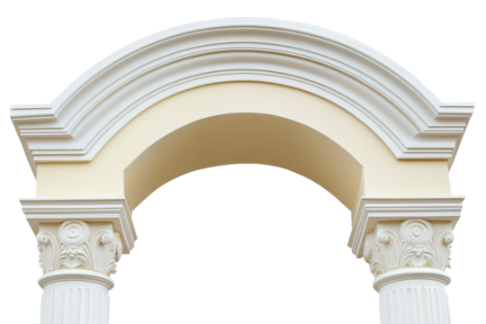 Elegant White Arch with Ornate Columns Against a Transparent Background