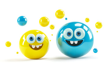 Happy yellow and blue 3d emojis with bubbles