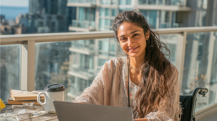 South Asian Woman in Wheelchair Using working on computer laptop by Balcony