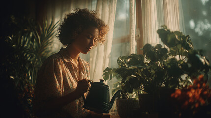 Woman Watering Houseplants in the Morning
