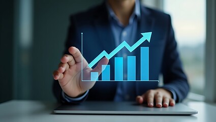 Efficiency increase graph floating in front of laptop with hand gestures.