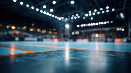 Stunning photo of blurred background of a futsal arena with an empty court and seating area. The image captures the indoor sports facility, highlighting the court markings and.