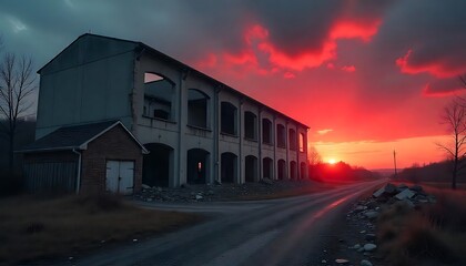 Obraz premium Collapsed Concrete Building Against Red Dawn Sky, Desolate Urban Ruins with Twisted Metal and Rubble, Post-apocalyptic cityscape with twisted metal and collapsed structures, created with generative ai