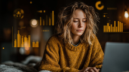 Young Woman Managing E-Commerce Shop with AI Insights. girl using laptop