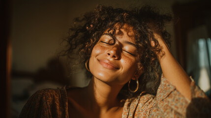 Young Woman with Vitiligo Smiling in Her Bedroom Mirror in the morning