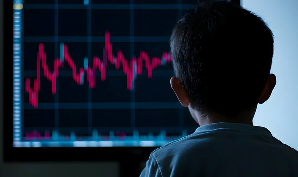 Child Observing Stock Market Graph on Computer Screen at Night