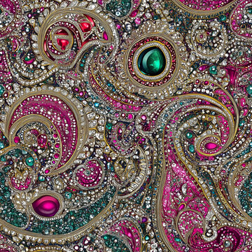 In Rich Jewel Tones of Emerald, Ruby, and Sapphire an Elaborate, Intricate, and Seamless Bohemian Paisley Pattern