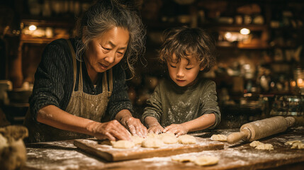 Asian Grandmother Teaching Grandson to Cook Dumplings