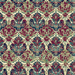 Beautiful an Elaborate, Seamless Bohemian Paisley Pattern in Rich Jewel Tones of Emerald, Ruby, and Sapphire