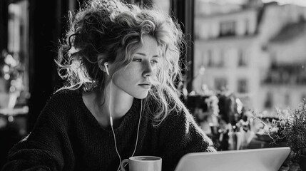 Black and white photography : Female freelancer working in a restaurant