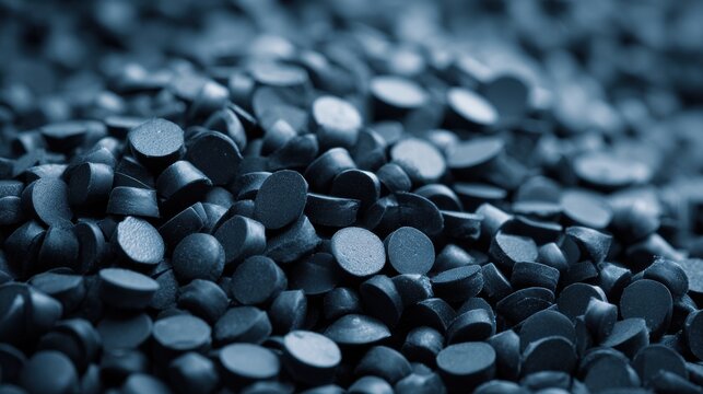 Stunning photo of close up of black rubber pellets a type of polymer resin.