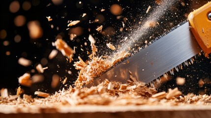 A dynamic close-up of a hand saw cutting through wood with splinters flying in all directions, showcasing the power of craftsmanship and the beauty of action in woodworking.
